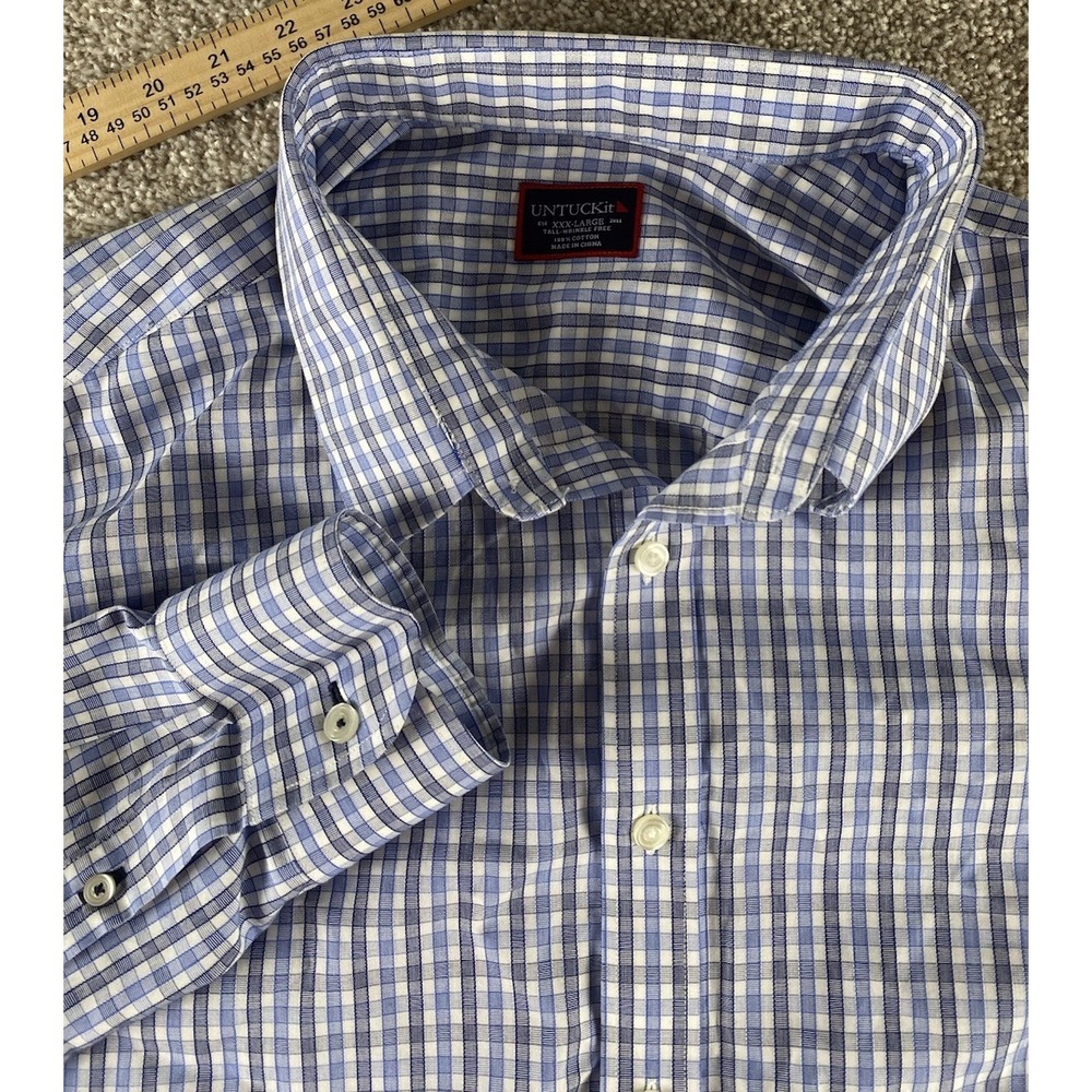 Untuckit Blue/White Gingham Plaid Shirt Wrinkle Free Cotton Mens XXXL Preppy